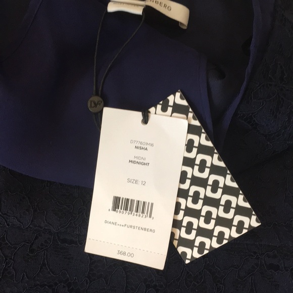 DVF navy blue lace Nisha dress with sheer navy top. - Picture 10 of 16